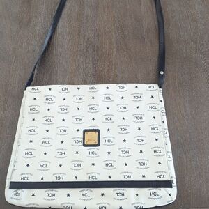 HCL Monogram Handcrafted leather Crossbody Satchel Bag white and blue
